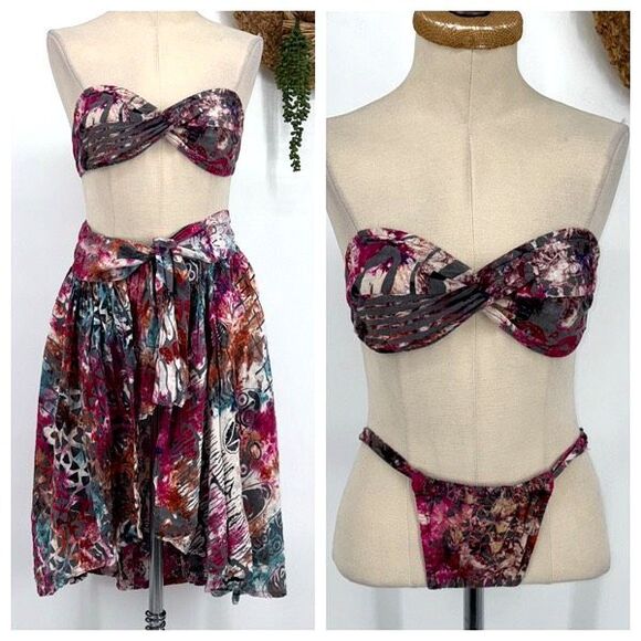Vintage 3-Piece Dalila Indonesian Skirt & Bikini‎ Set Beachwear Hippy Boho Small - Picture 1 of 15